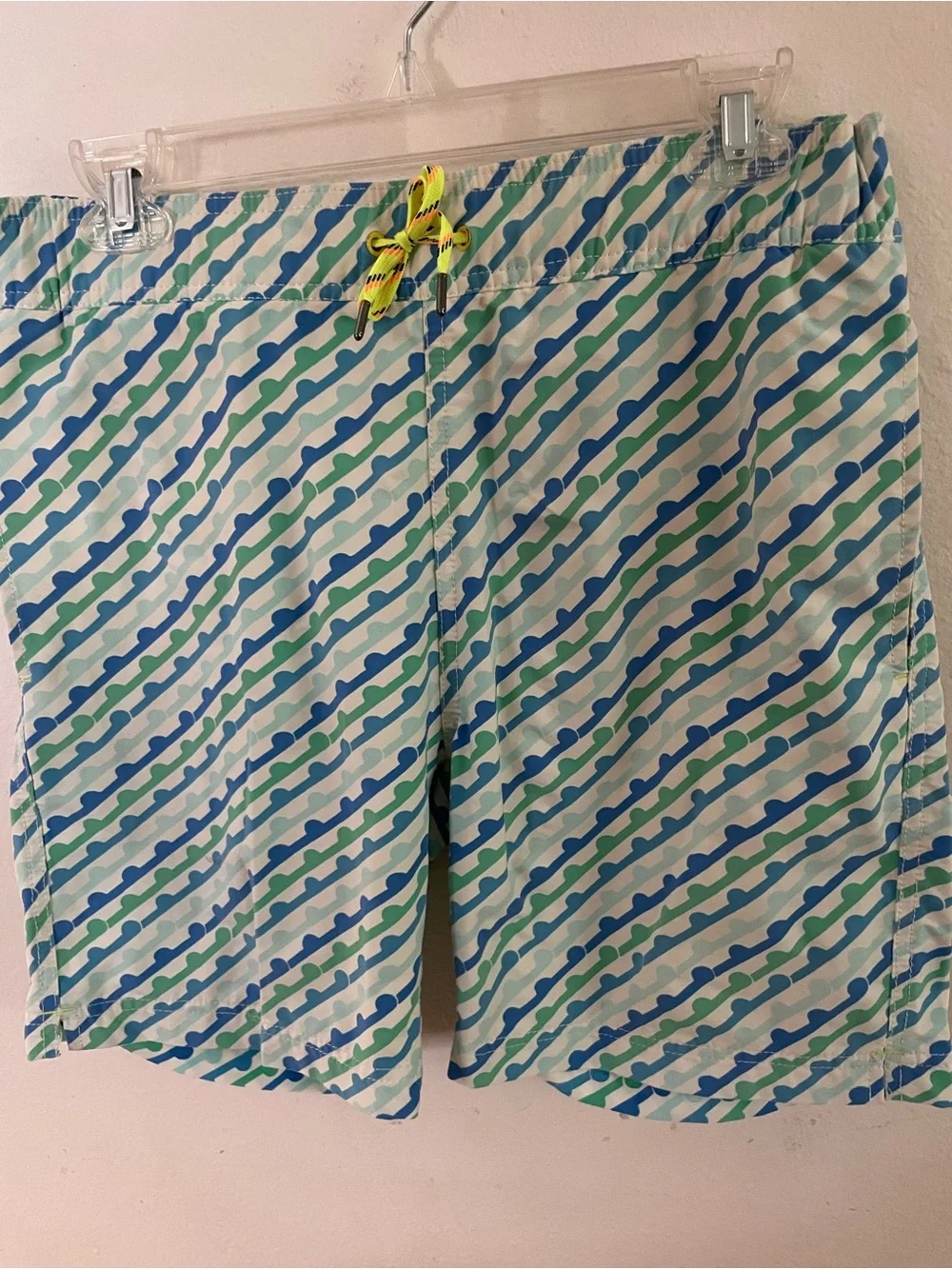 Crewcuts Boys Blue Green Wave-Print Swim Trunks with Neon Yellow Drawstring